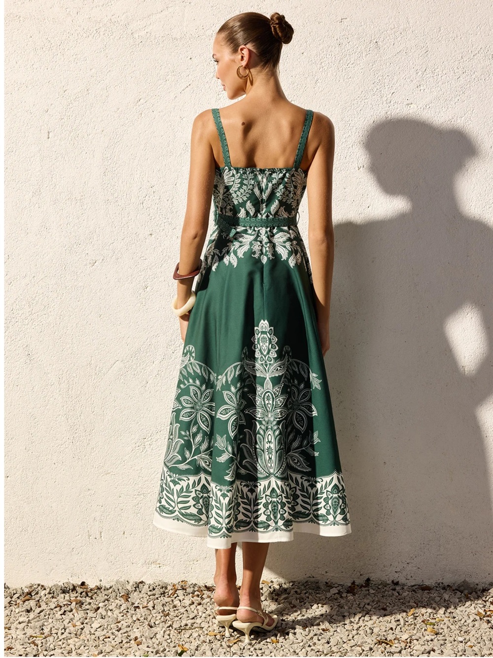 Commense Green Baroque Floral Belted Cami Maxi Dress XS | Resort Occasion Dress - Picture 4 of 6